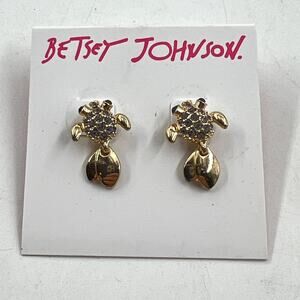 Betsey Johnson Sea Turtle Earrings Gold Tone Gray and Black Rhinestones